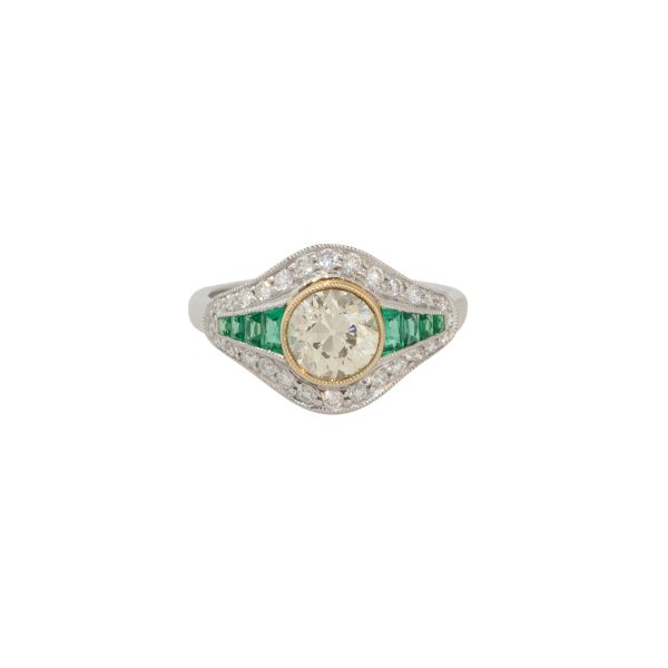 Platinum 1.46ctw Diamond and Emerald Art Deco Ring