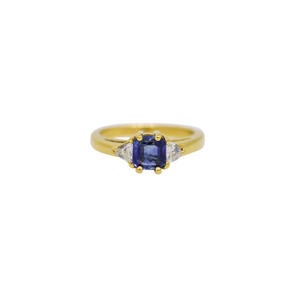 18k Yellow Gold Emerald Cut Sapphire & Diamond Side Stone Ring