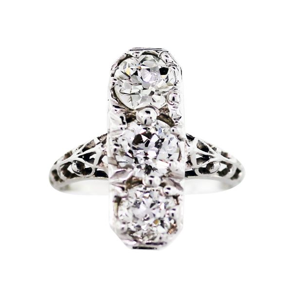 18K White Gold Vintage 3 Stone Diamond Cocktail Ring