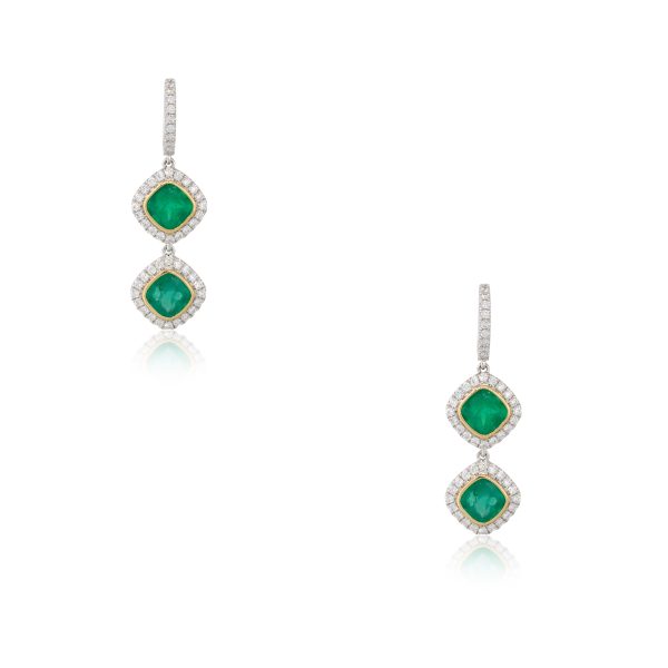 18k White and Yellow Gold 4.86ctw Emerald and Diamond Drop Earrings