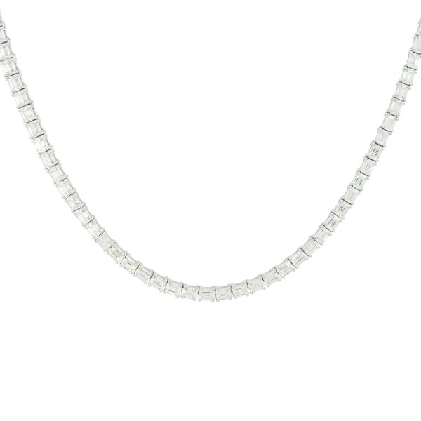 18k White Gold 13.59ctw Emerald Cut Diamond Tennis Necklace