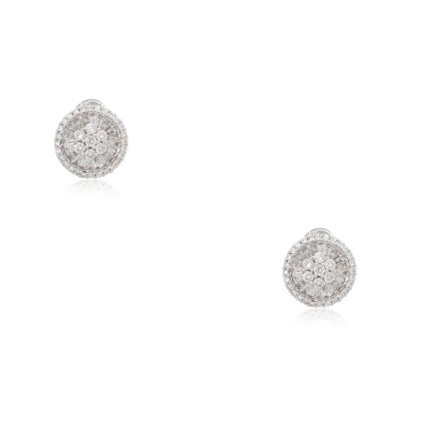 18k White Gold 2.30ctw Round Brilliant & Baguette Cut Diamond Button Earrings