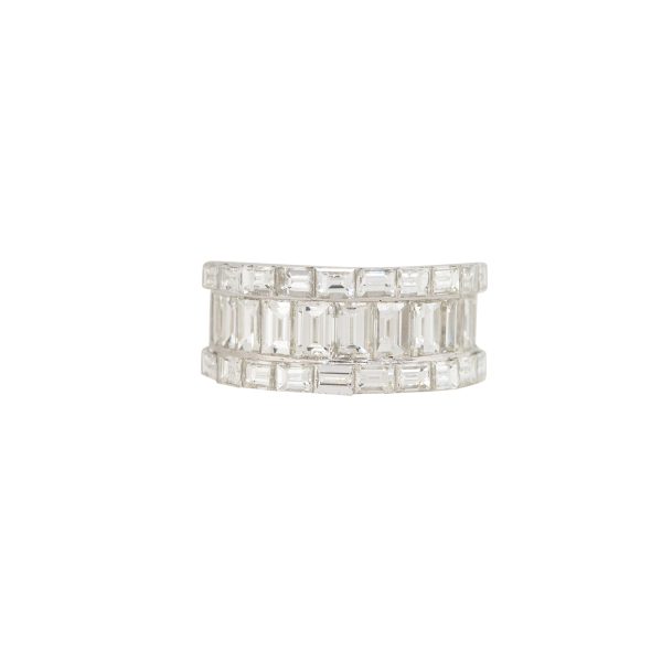 18k White Gold 4.33ctw Baguette Cut Diamond 3-Row Wide Ring