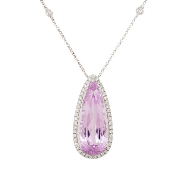 18k White Gold 15.63ct Kunzite & 0.55ct Diamond Halo Necklace 