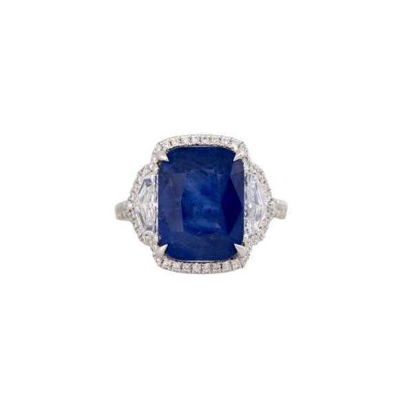 GIA Certified Platinum 9.96ct Cushion Cut Sapphire & 1.2ct Diamond Ring