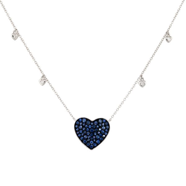 14k White Gold 1.18ct Sapphire & 0.06ct Diamond Pave Heart Necklace with Heart Shaped Stations