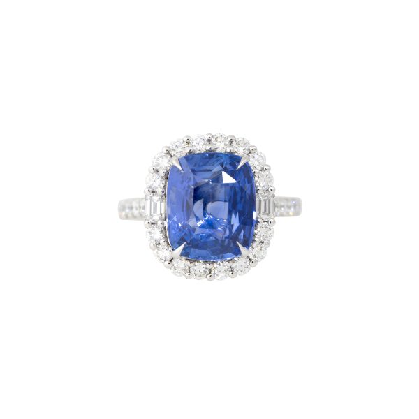 GIA Platinum 6.59ctw Cushion Cut Sapphire & 1.13ctw Diamond Halo Ring