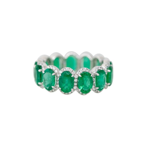 14k White Gold 5.52ctw Oval Shape Emerald & 0.58ctw Diamond Eternity Ring