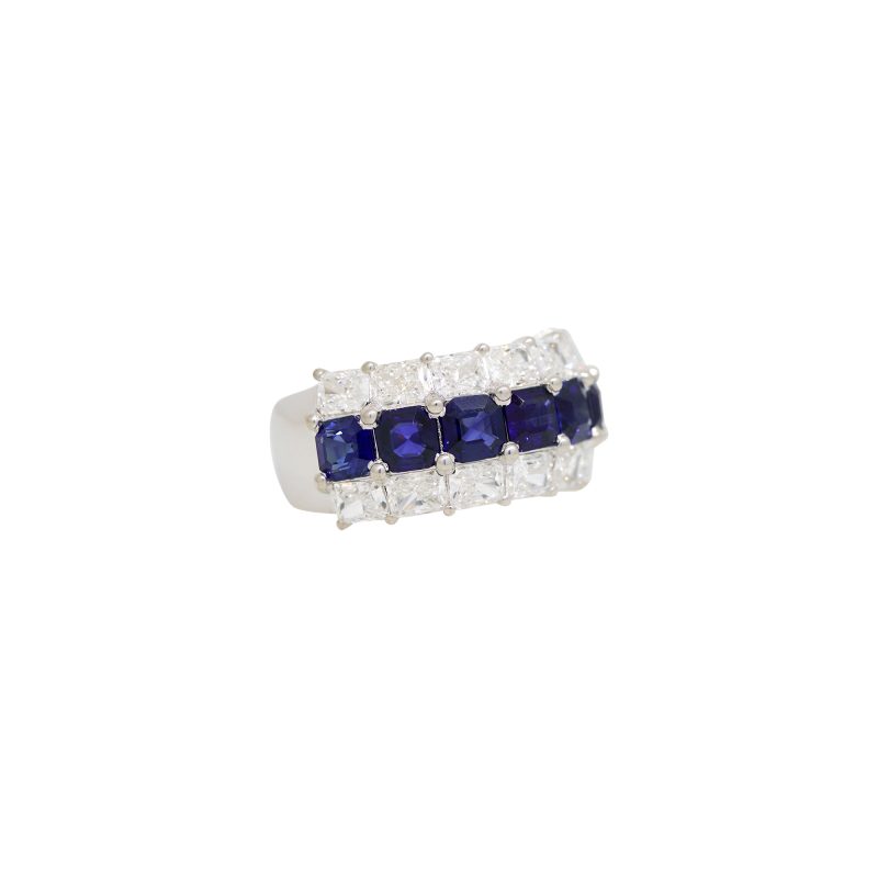 18k White Gold 3.36ct Natural Sapphire & 3.37ct Natural Diamond 3-Row Band