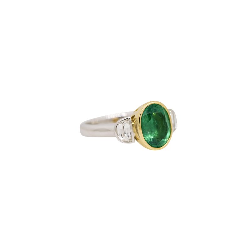 GIA 18k Two-Tone Gold 2.23ctw Natural Emerald & Half-Moon Diamond Side Stone Ring