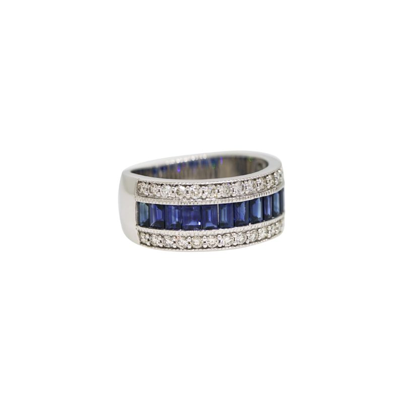 14k White Gold 2.4ct Natural Sapphire & 0.71ct Natural Diamond 3-Row Wide Ring