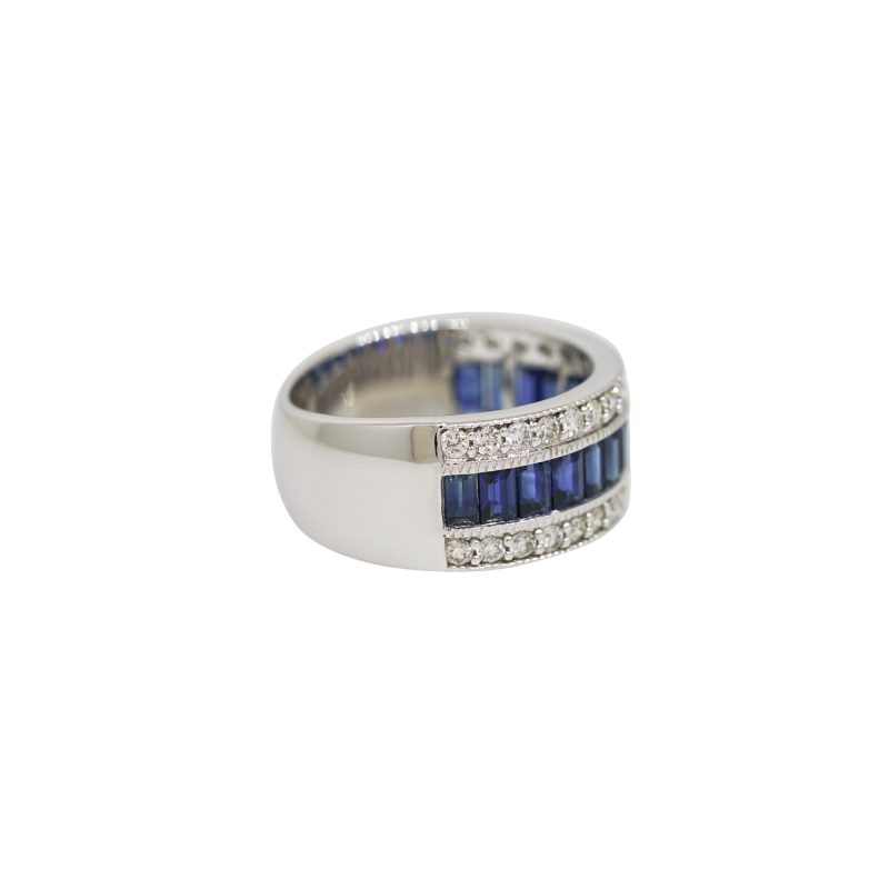 14k White Gold 2.4ct Natural Sapphire & 0.71ct Natural Diamond 3-Row Wide Ring