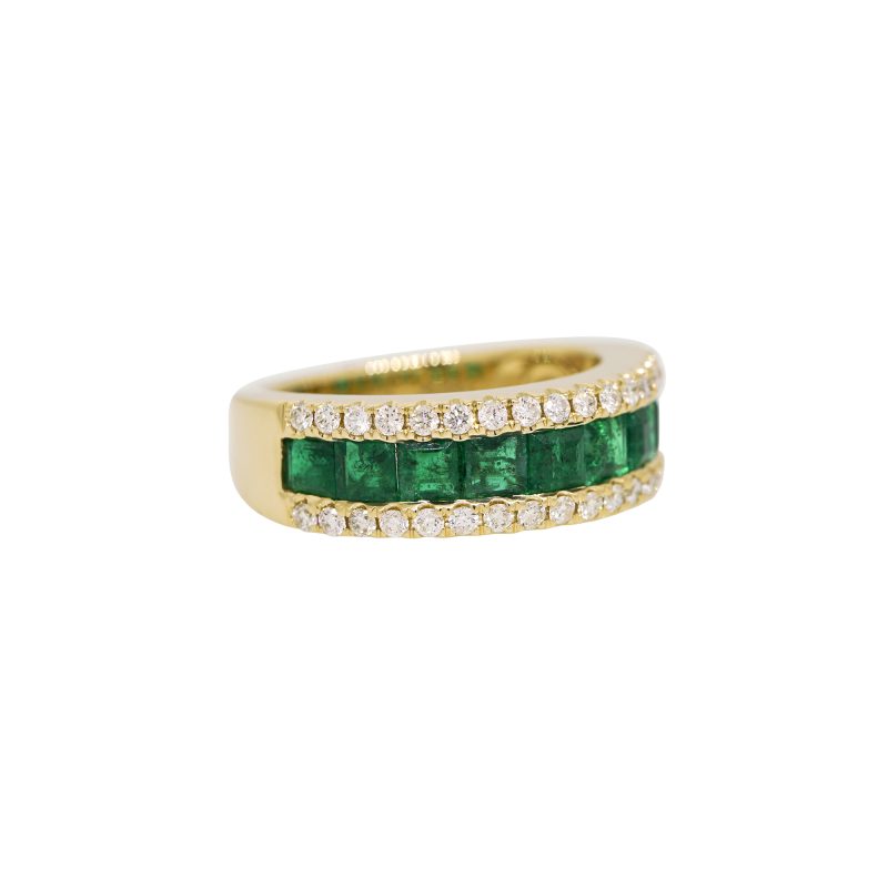 14k Yellow Gold 1.98ctw Emerald & 0.51ctw Natural Diamond 3-Row Ring