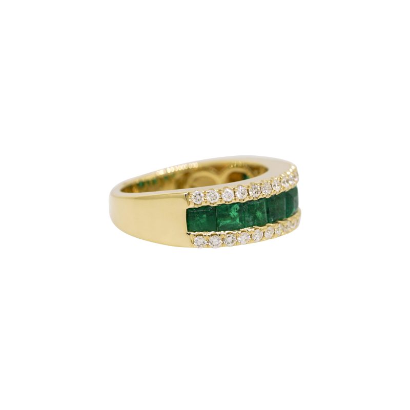 14k Yellow Gold 1.98ctw Emerald & 0.51ctw Natural Diamond 3-Row Ring