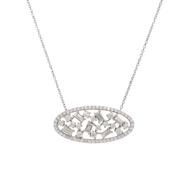 14k White Gold 1.32ctw Natural Baguette Cut Diamond Sprinkle Oval Shape Necklace