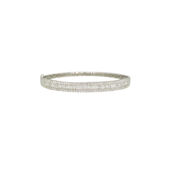 14k White Gold 3.5ctw Natural Round Brilliant & Baguette Cut Diamond Bangle Bracelet