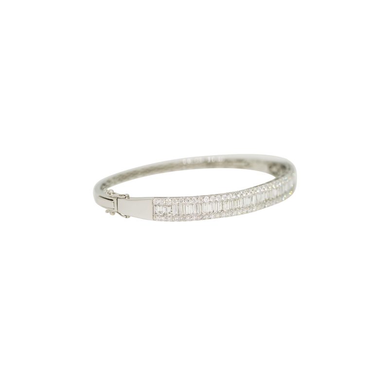 14k White Gold 3.5ctw Natural Round Brilliant & Baguette Cut Diamond Bangle Bracelet