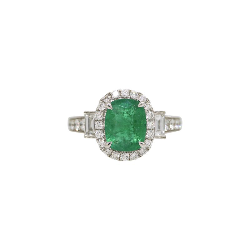 18k White Gold 2.08ctw Natural Emerald & 0.92ctw Natural Diamond Halo Ring