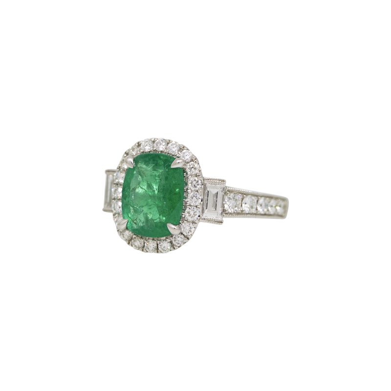 18k White Gold 2.08ctw Natural Emerald & 0.92ctw Natural Diamond Halo Ring