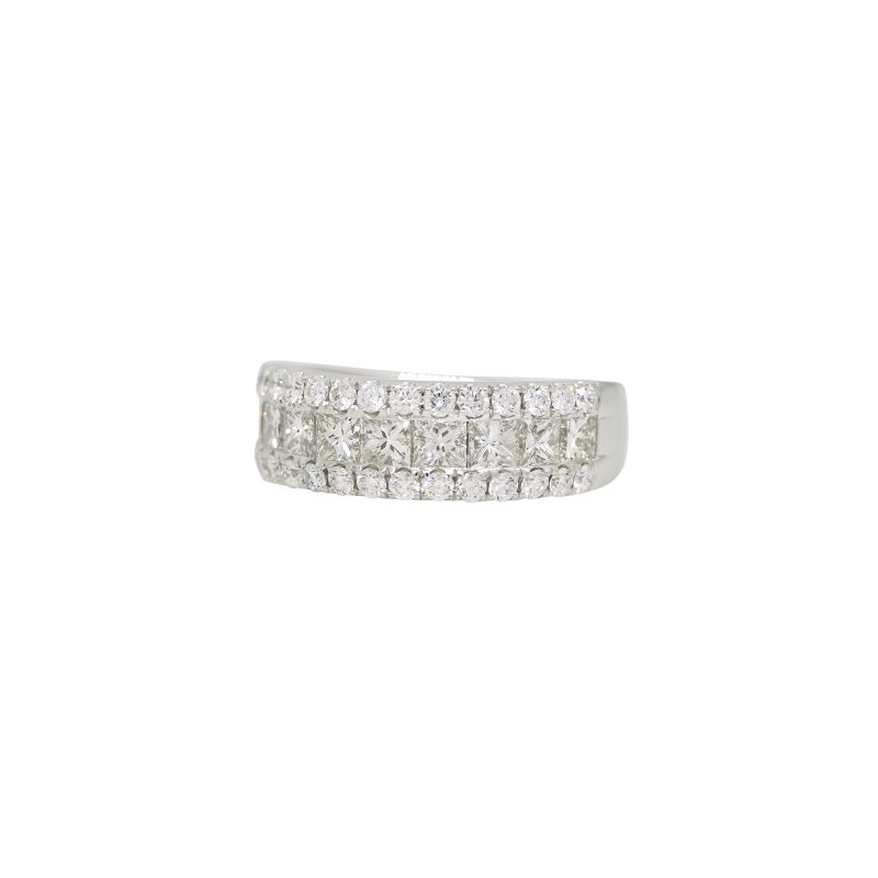 14k White Gold 2.39ctw Natural Princess & Round Brilliant Cut Diamond 3-Row Ring