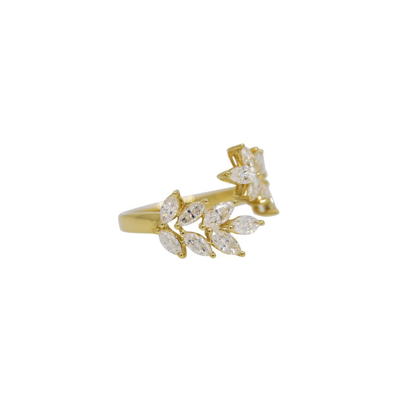 18k Yellow Gold 1.53ctw Natural Marquise Cut Diamond Leaf Style Bypass Ring