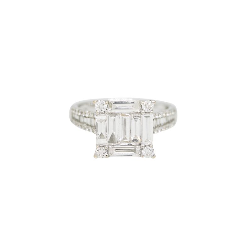 18k White Gold 1.69ctw Natural Round Brilliant & Baguette Cut Diamond Square Ring