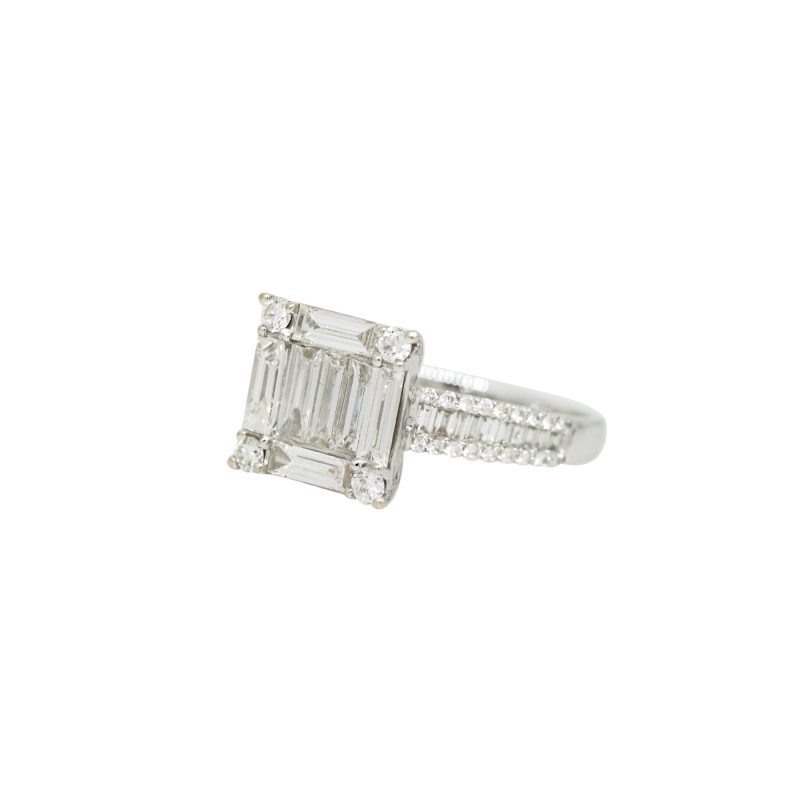 18k White Gold 1.69ctw Natural Round Brilliant & Baguette Cut Diamond Square Ring