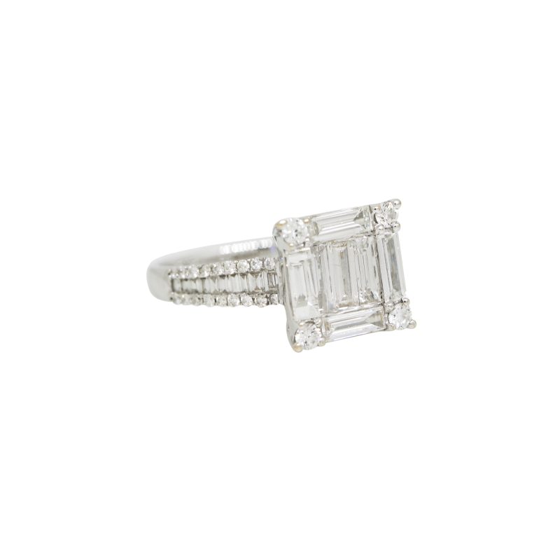 18k White Gold 1.69ctw Natural Round Brilliant & Baguette Cut Diamond Square Ring