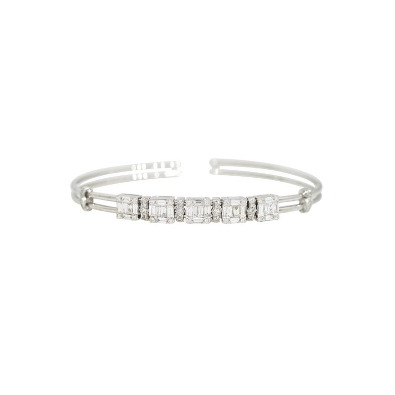 18k White Gold 1.32ctw Natural Round & Baguette Cut Diamond Sliding Bangle Bracelet