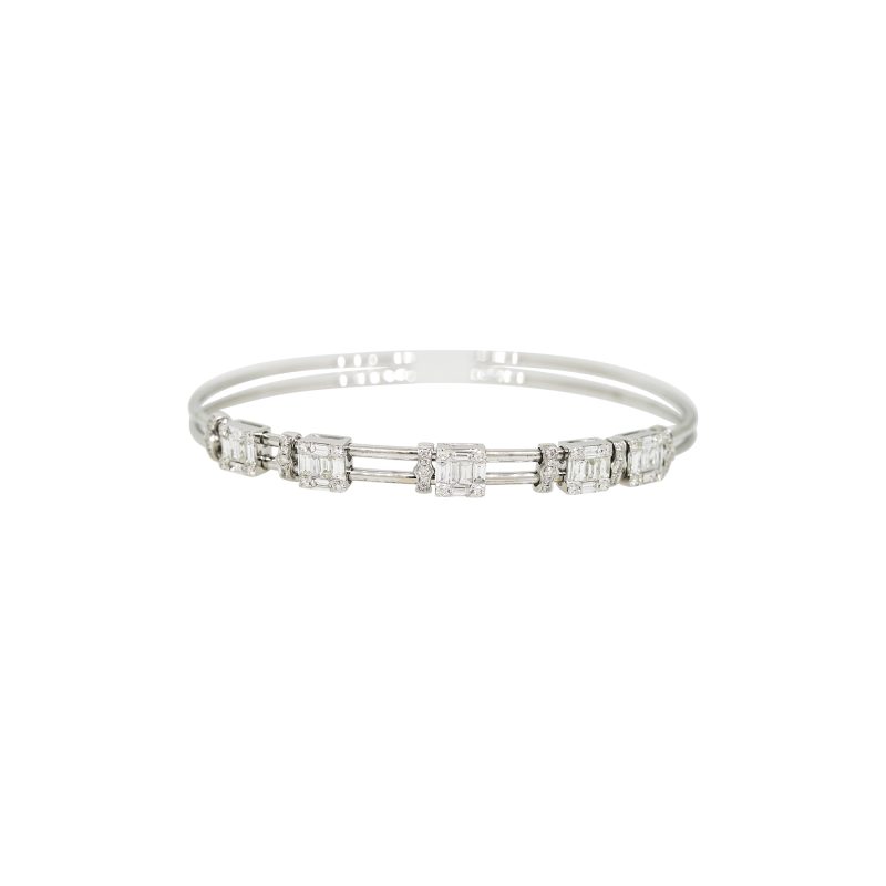 18k White Gold 1.32ctw Natural Round & Baguette Cut Diamond Sliding Bangle Bracelet