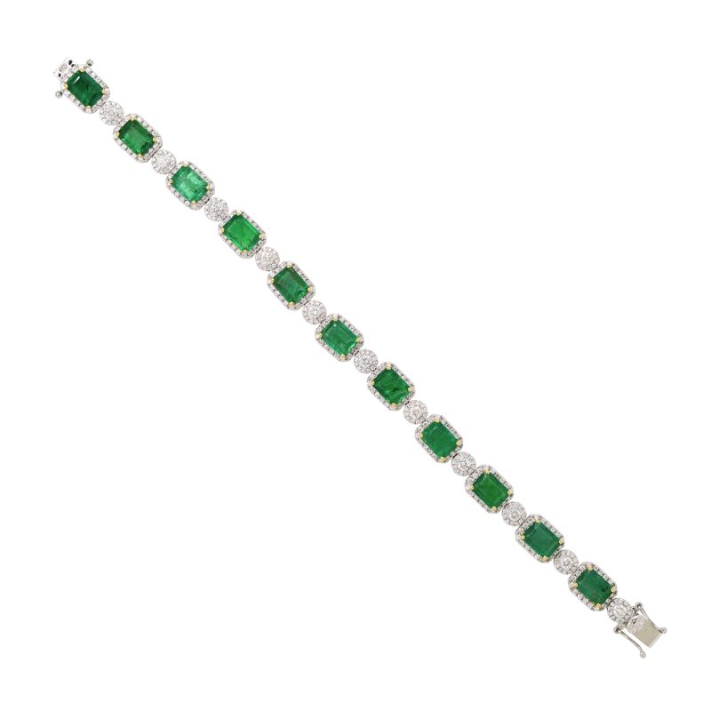 18k Two-Tone Gold 14.95ctw Emerald & Diamond Halo Alternating Bracelet