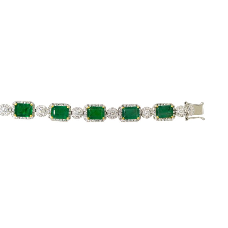 18k Two-Tone Gold 14.95ctw Emerald & Diamond Halo Alternating Bracelet