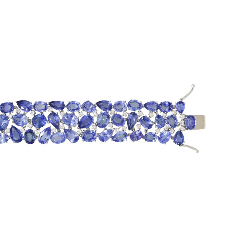 18k White Gold 81.31ctw Natural Multi-Shape Sapphire & Diamond 3-Row Bracelet