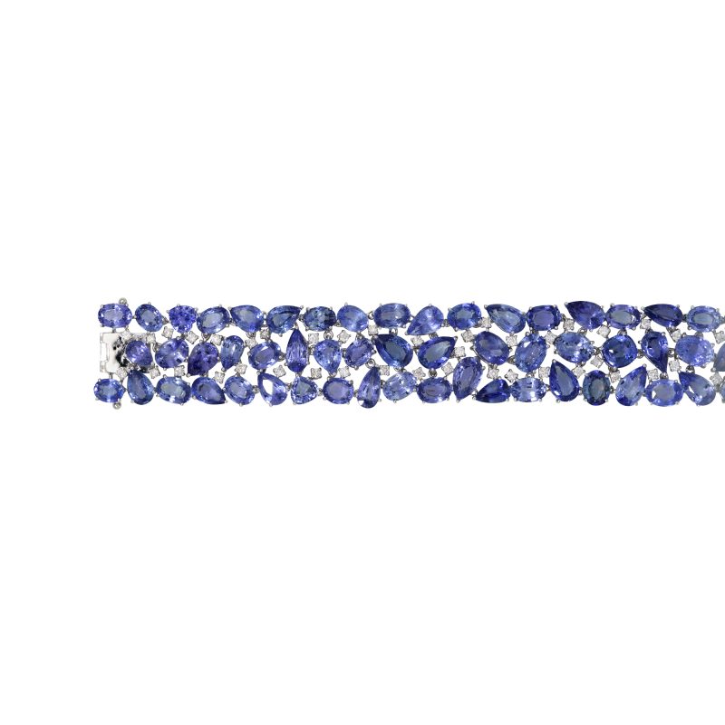 18k White Gold 81.31ctw Natural Multi-Shape Sapphire & Diamond 3-Row Bracelet