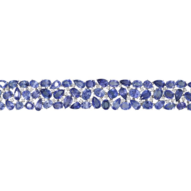 18k White Gold 81.31ctw Natural Multi-Shape Sapphire & Diamond 3-Row Bracelet