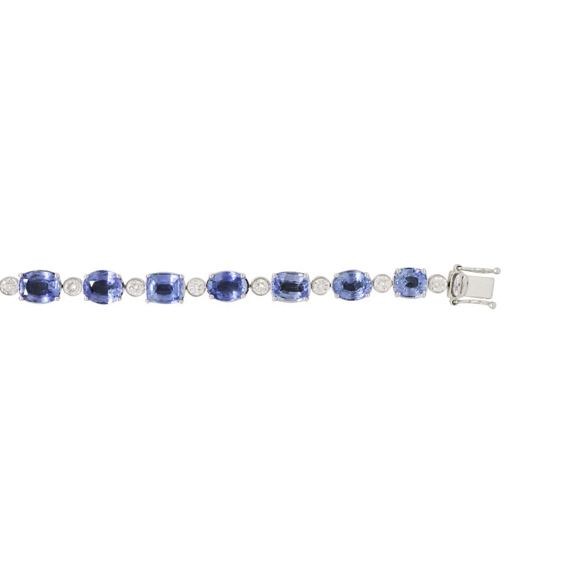 18k White Gold 18.75ctw Unheated Sapphire & Natural Diamond Alternating Tennis Bracelet