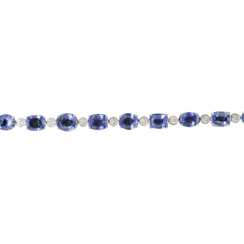 18k White Gold 18.75ctw Unheated Sapphire & Natural Diamond Alternating Tennis Bracelet