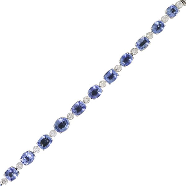 18k White Gold 18.75ctw Unheated Sapphire & Natural Diamond Alternating Tennis Bracelet