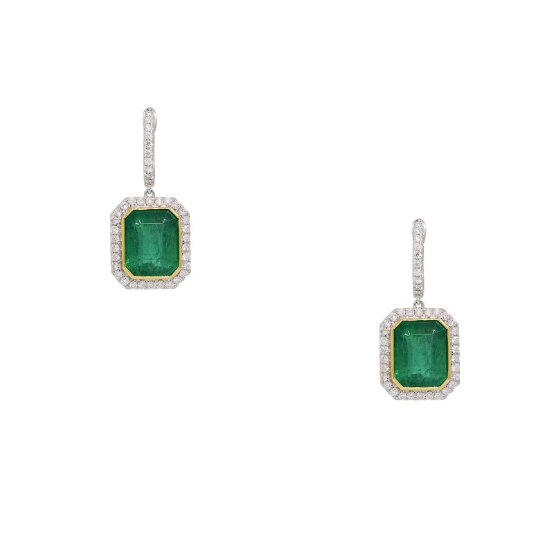 18k Two-Tone Natural Emerald & Natural Diamond Halo Drop Earrings