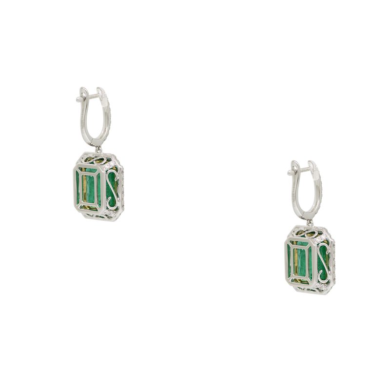 18k Two-Tone Natural Emerald & Natural Diamond Halo Drop Earrings