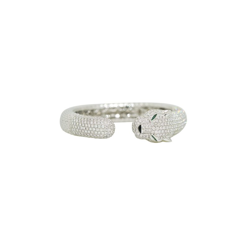 18k White Gold 10.58 Carat Natural Diamond Animal Head & Emerald Cuff Bracelet