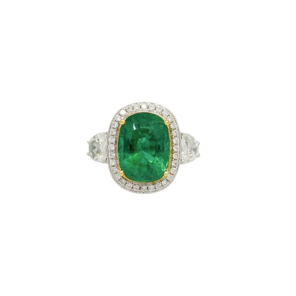 GIA 18k Two-Tone Gold Natural 5.26 Carat Emerald & Half-Moon Diamond Side Stone Ring