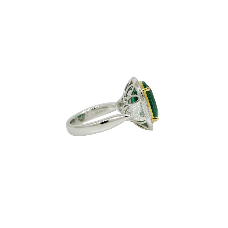 GIA 18k Two-Tone Gold Natural 5.26 Carat Emerald & Half-Moon Diamond Side Stone Ring