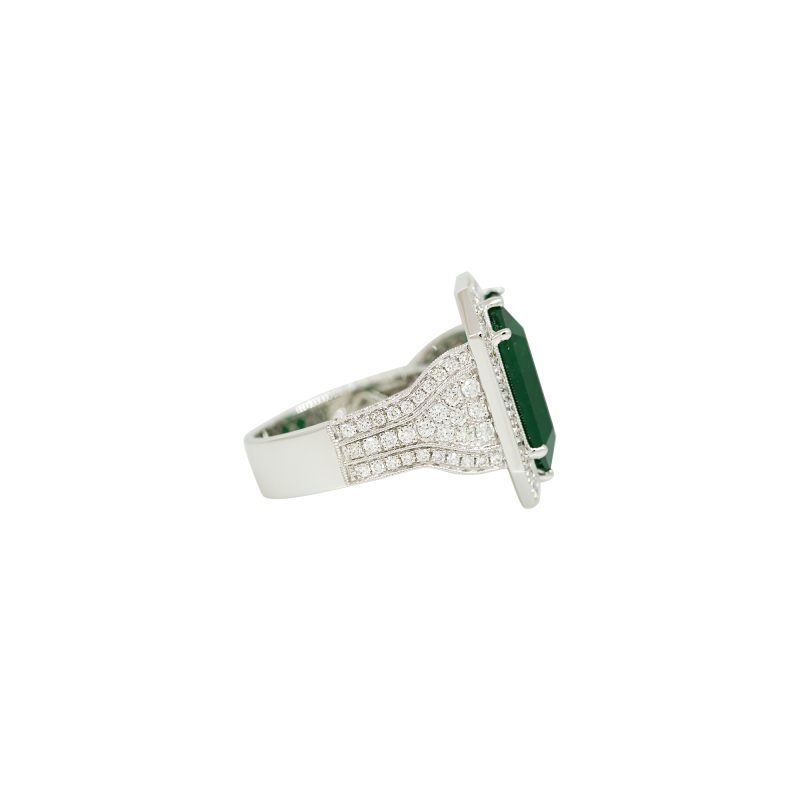 GIA 18k White Gold Natural 13.07 Carat Emerald & Natural Diamond Halo Ring