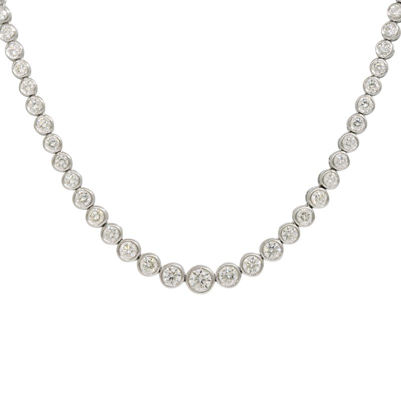 14k White Gold Natural 3.42 Carat Round Brilliant Diamond Bezel Set Half-Way Tennis Necklace