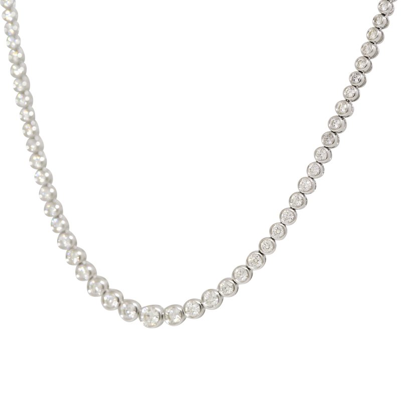 14k White Gold Natural 3.42 Carat Round Brilliant Diamond Bezel Set Half-Way Tennis Necklace