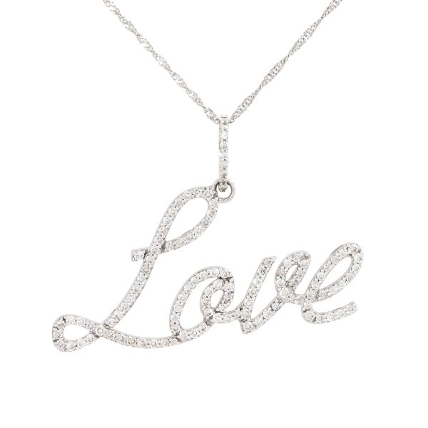 14k White Gold 1.25ctw Diamond Script Love Pendant Necklace