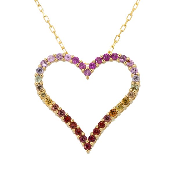 18k Yellow Gold Multi Color Sapphire Open Heart Pendant Necklace