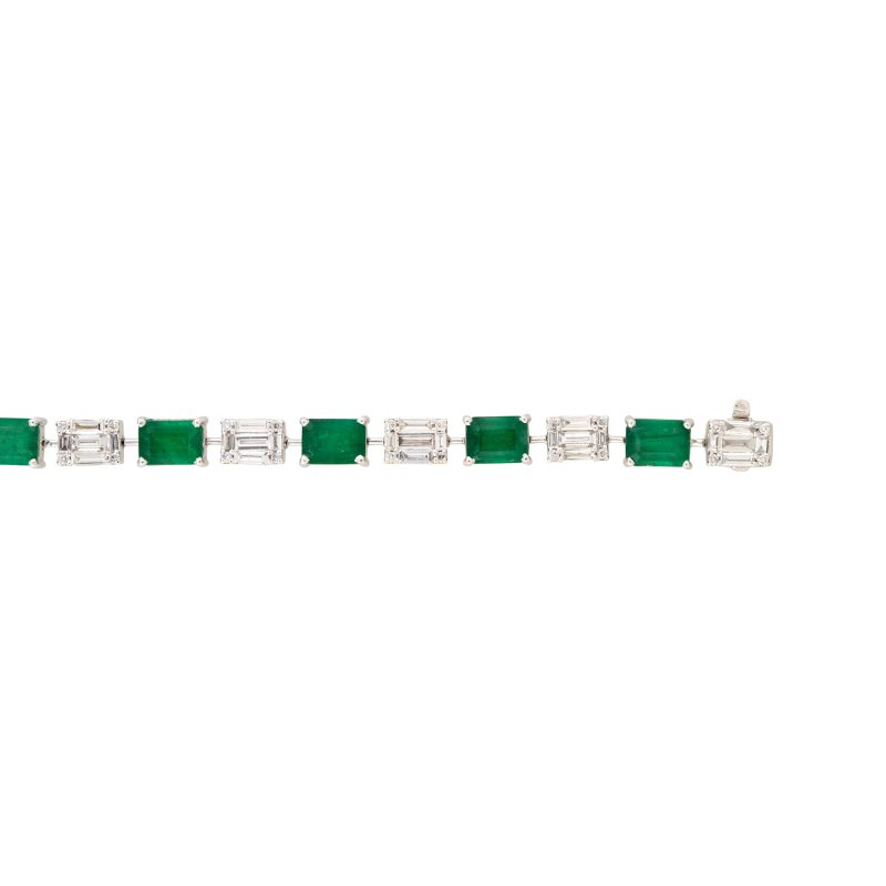 18k White Gold 2.8ctw Natural Diamond Mosaic & Emerald Alternating Bracelet