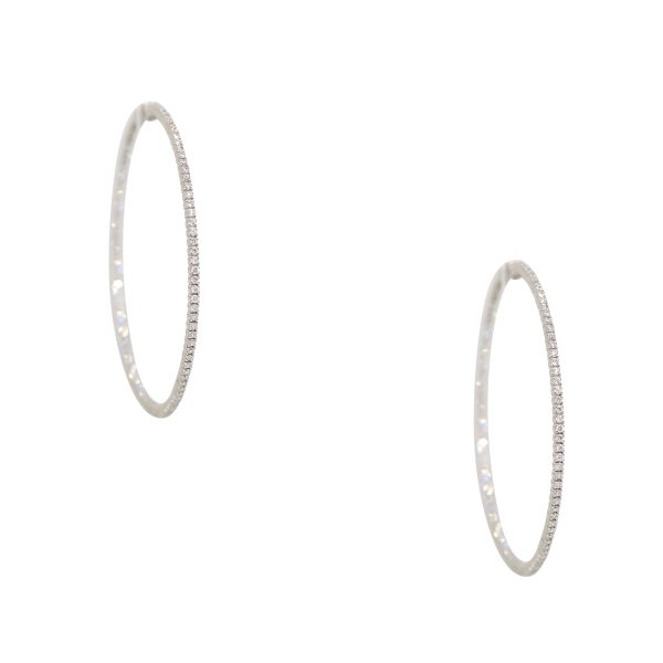 14k White Gold Natural 2.10 Carat Round Brilliant Diamond Narrow Hoop Earrings